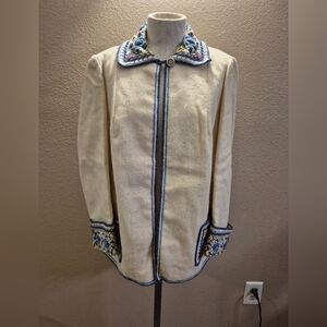 Cream Jacket with Blue Trim and Crochet Details